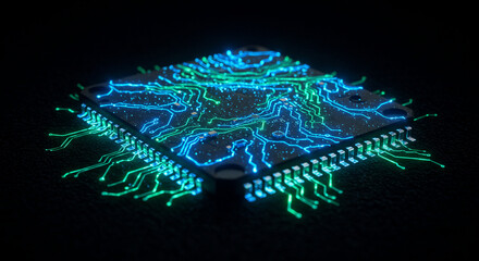 Nano Chip with Glowing Energy Lines Macro