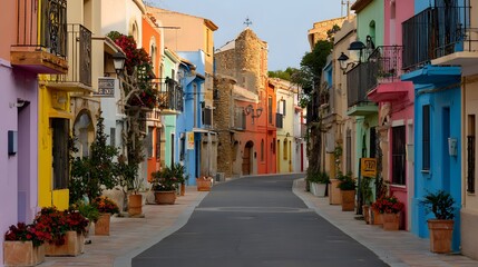 Naklejka premium A vibrant street lined with colorful houses, showcasing a charming European town's architecture. Sunny hues paint the buildings in a delightful array of shades, including pinks, oranges, and blues.
