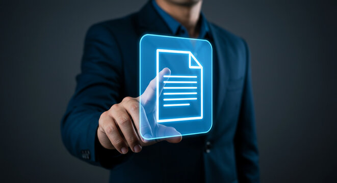 Digital Document Access: A sharply dressed professional, focused on a holographic document icon, demonstrating the power of digital information and futuristic technology.