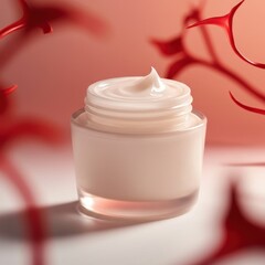 Luxurious Facial Cream Jar, Soft Pink Background, Red Floral Accents