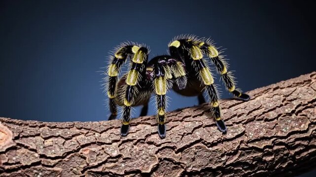 Grammostola Pulchripes species of large arachnid with distinctive yellow and black setae displayed on cyan background