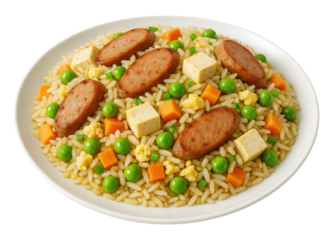 A delicious plate of sausage and tofu fried rice with colorful mixed vegetables, Isolated on Transparent and White Background