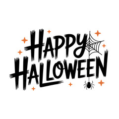 Happy halloween lettering with spider web and spider isolated on transparent background