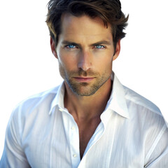 Fototapeta premium Handsome confident man medium shot portrait wearing white shirt intense eyes looking forward