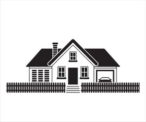 Vector illustration of a cozy house with a fence and garage, perfect for real estate, homeownership, and family-oriented themes. Ideal for architecture, housing, and residential project designs.