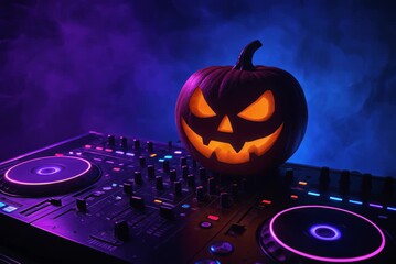 A spooky Halloween scene featuring a carved pumpkin with a menacing grin, set against a vibrant DJ mixer illuminated by colorful lights. Perfect for Halloween-themed parties or events.