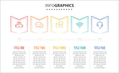 Vector Infographic design with icons. process diagram, flow chart, info graph, Infographics for business concept, presentations banner, workflow layout. 5 options or 5 steps. Horizontal Steps