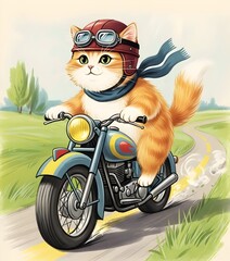 Cartoon Cat Riding Motorcycle – Funny Biker Kitty Kitten Feline Pet Rider on Moped or Scooter Illustration. cute kitten riding, animal, animal biker, comic, comic style cat, retro, retro biker cat