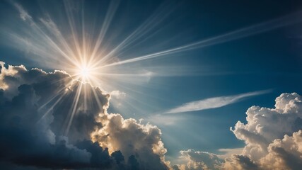 Golden sunset over a serene sky, with rays piercing through soft clouds, creating a dramatic and peaceful atmosphere.