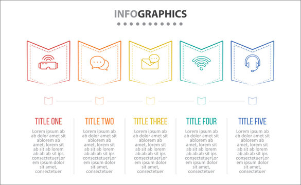 Vector Infographic design with icons. process diagram, flow chart, info graph, Infographics for business concept, presentations banner, workflow layout. 5 options or 5 steps. Horizontal Steps