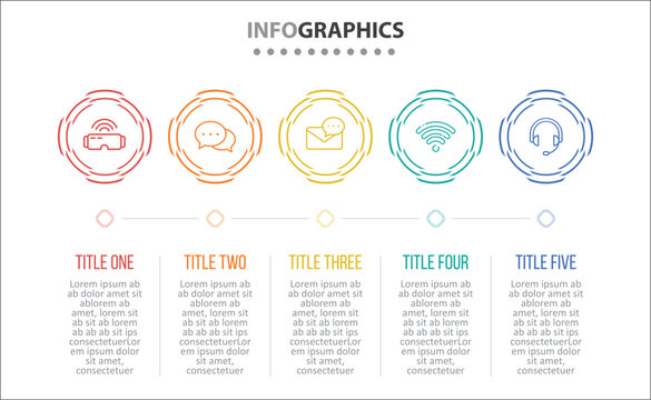 Vector Infographic design with icons. process diagram, flow chart, info graph, Infographics for business concept, presentations banner, workflow layout. 5 options or 5 steps. Horizontal Steps
