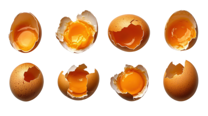 cracked egg with yolk spilling out eggshell isolated on a transparent background