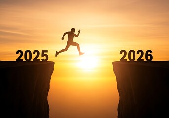 A man leaps across a chasm between the years 2025 and 2026 against a golden sunset symbolizing a transition into the new year with hope and determination.