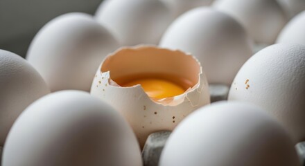 Broken egg with yolk among whole eggs on a carton tray