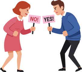 Obraz premium Man and woman holding yes and no signs in argument illustration expressing disagreement and conflict vector 