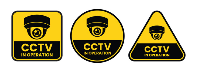 Security Camera Signs – 24 Hour Video Surveillance Warning and Notice Signs Vector Bundle. Security Camera sign, logo, badge, icon, sticker, label, emblem, stamp, symbol, black, line, flat vector.