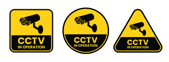 Security Camera Signs – 24 Hour Video Surveillance Warning and Notice Signs Vector Bundle. Security Camera sign, logo, badge, icon, sticker, label, emblem, stamp, symbol, black, line, flat vector.