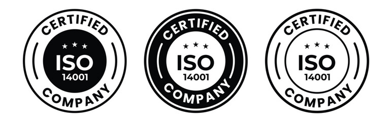 14001 certified badge set. International Organization for Standardization ISO logo, label, emblem, stamp, vector isolated illustration.