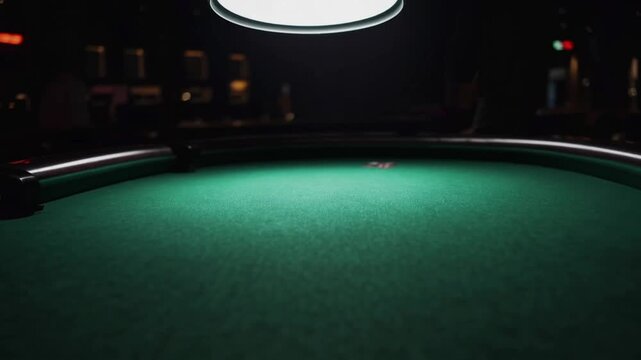 The empty green felt surface of casino poker table under single light source