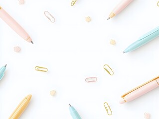 Pastel Pens and Paperclips Flatlay Background