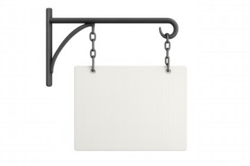 Blank white sign dangling from ornate wrought iron bracket, suspended by chains, ready for custom graphics against transparent backdrop