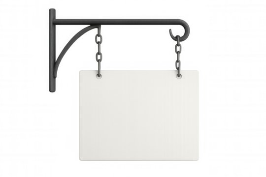 Blank white sign dangling from ornate wrought iron bracket, suspended by chains, ready for custom graphics against transparent backdrop