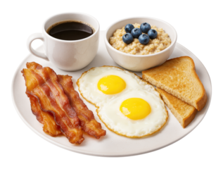 Classic hearty breakfast with sunny side up eggs, crispy bacon, blueberry oatmeal, toast, and black coffee, Isolated on Transparent and White Background
