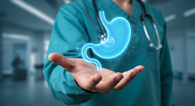 Medical Presentation: A healthcare professional showcases a glowing, digitally-rendered stomach in their hand, offering a modern depiction of medical understanding and advancement. 