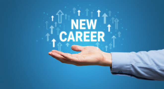New Career Launch: A poised hand presents the hopeful concept of New Career adorned with ascending arrows, symbolizing growth and progress.