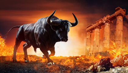 dramatic image featuring roaring bull in fiery apocalyptic landscape with ancient ruins intense atmosphere evokes feelings of power and chaos capturing viewer attention
