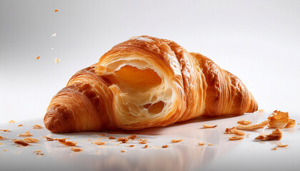 half eaten croissant with crumbs scattered on white surface