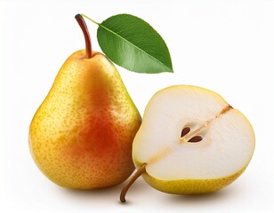 whole ripe pear and sliced half with visible seeds and green leaf isolated on white white background concept of fresh fruit and nutrition
