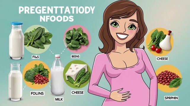 Informational graphic design elements presented in flat illustration style detailing nutritional needs during pregnancy, featuring cartoon depiction of expectant mother and icons for high-calcium, ir