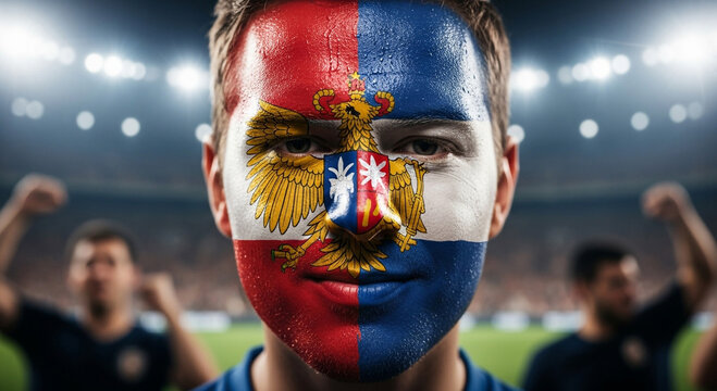 Close up of a man with face paint of an eagle at a sporting event with cheering fans in the background