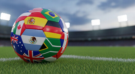 A soccer ball with country flags on a green field in a stadium under bright stadium lights above