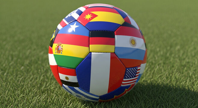 A soccer ball with various countries flags on it sitting on a green grass field in the daylight