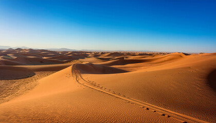 vast desert with high sand dunes clear blue sky camel tracks