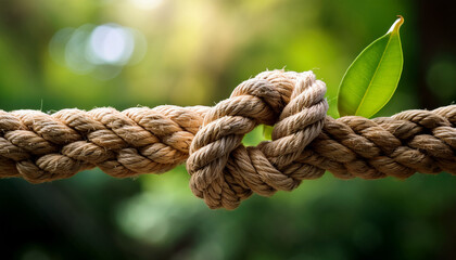 Fototapeta premium fear and worry with worry and mental stress concept close up of a natural rope intertwined with greenery background