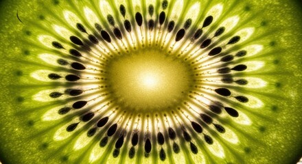 Close-up of a kiwi slice with vibrant green and black seeds