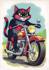 Cartoon Cat Riding Motorcycle – Funny Biker Kitty Kitten Feline Pet Rider on Moped or Scooter Illustration. cute kitten riding, animal, animal biker, comic, comic style cat, retro, retro biker cat