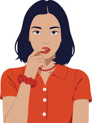 Young woman in red shirt with thoughtful expression and black hair wearing necklace and scrunchie vector illustration 