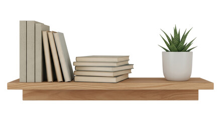 Isolated Wooden Shelf with Books and Plant