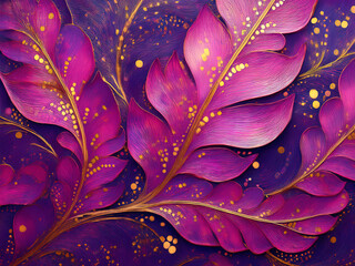 Obraz premium Textured wallpaper on a purple background with fuchsia leaves and gold elements