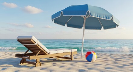 Relaxing beach scene featuring a lounge chair, umbrella, and beach ball on the soft sand.