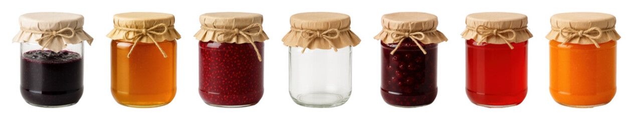 Preserve jars set including blueberry, honey, raspberry, empty, cherry, strawberry, and apricot isolated. Homemade food and canning collection.