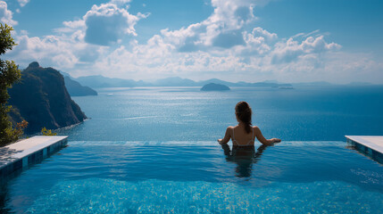 woman in swimsuit enjoying infinity pool with ocean view, luxury lifestyle stock photo