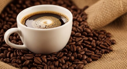 Obraz premium Aromatic coffee in a white cup, surrounded by roasted coffee beans, sits on a burlap background.