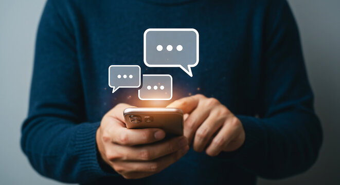 Online Messaging & Social Media: A person's hands are captured as they engage in digital communication through their phone, showcasing interactive dialog in the form of chat bubbles.