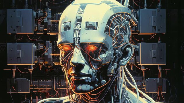 Futuristic cyborg head with glowing eyes, surrounded by wires and circuits. Close-up angle creates an intense, sci-fi video game aesthetic. Live desktop wallpaper.