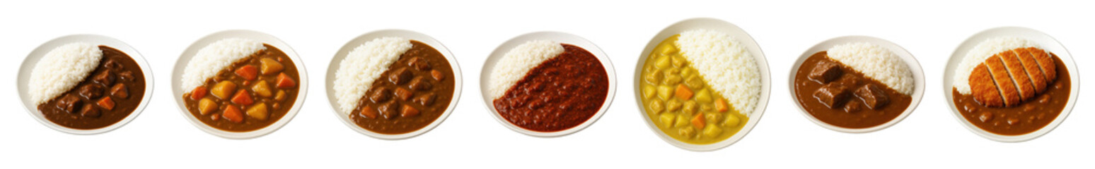 Japanese curry set including beef, vegetable, katsu, spicy, and yellow variations isolated. Asian cuisine collection.